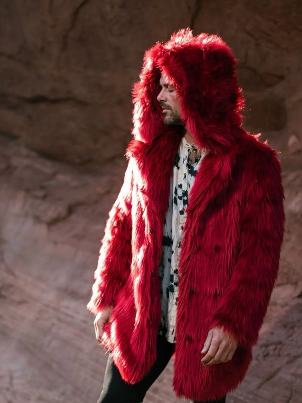 Red Faux Fur Hooded Coat for Women